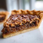 A close-up, cross-section view of a rich, gooey slice of Pecan Pie on a white marble surface.