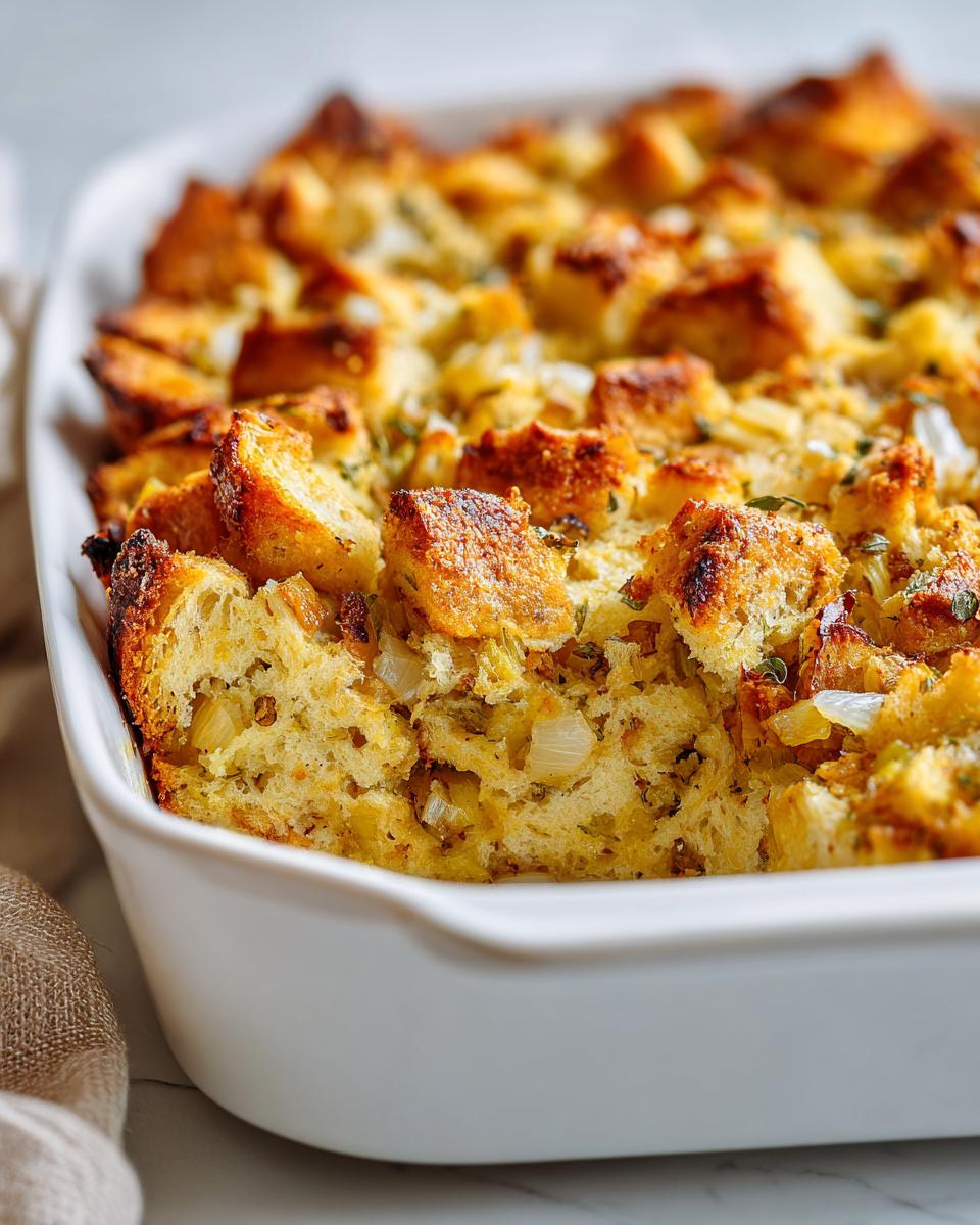 Close-up of a white baking dish filled with golden-brown Perfect Homemade Stuffing, showing cubes of bread and visible herbs.