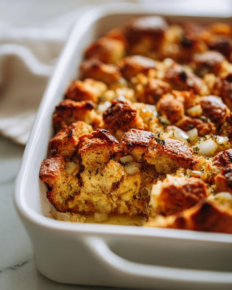 A close-up of Perfect Homemade Stuffing baked in a white casserole dish, showing golden-brown bread cubes and visible onions and herbs.