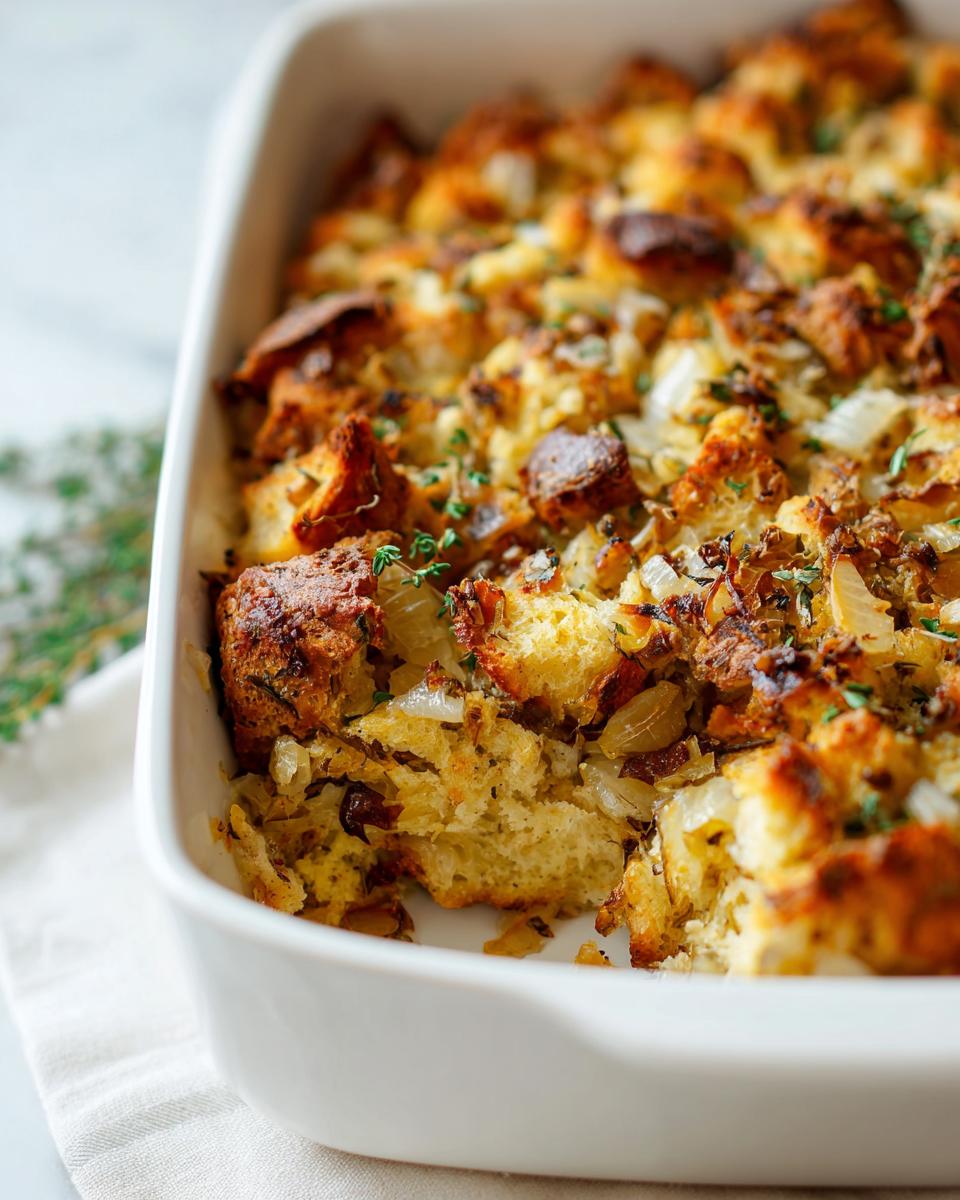 A close-up of Perfect Homemade Stuffing baked in a white ceramic dish, with golden-brown bread cubes and visible onions and herbs.