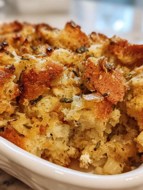 Close-up of a white dish filled with Perfect Homemade Stuffing, showing golden-brown bread cubes and herbs.