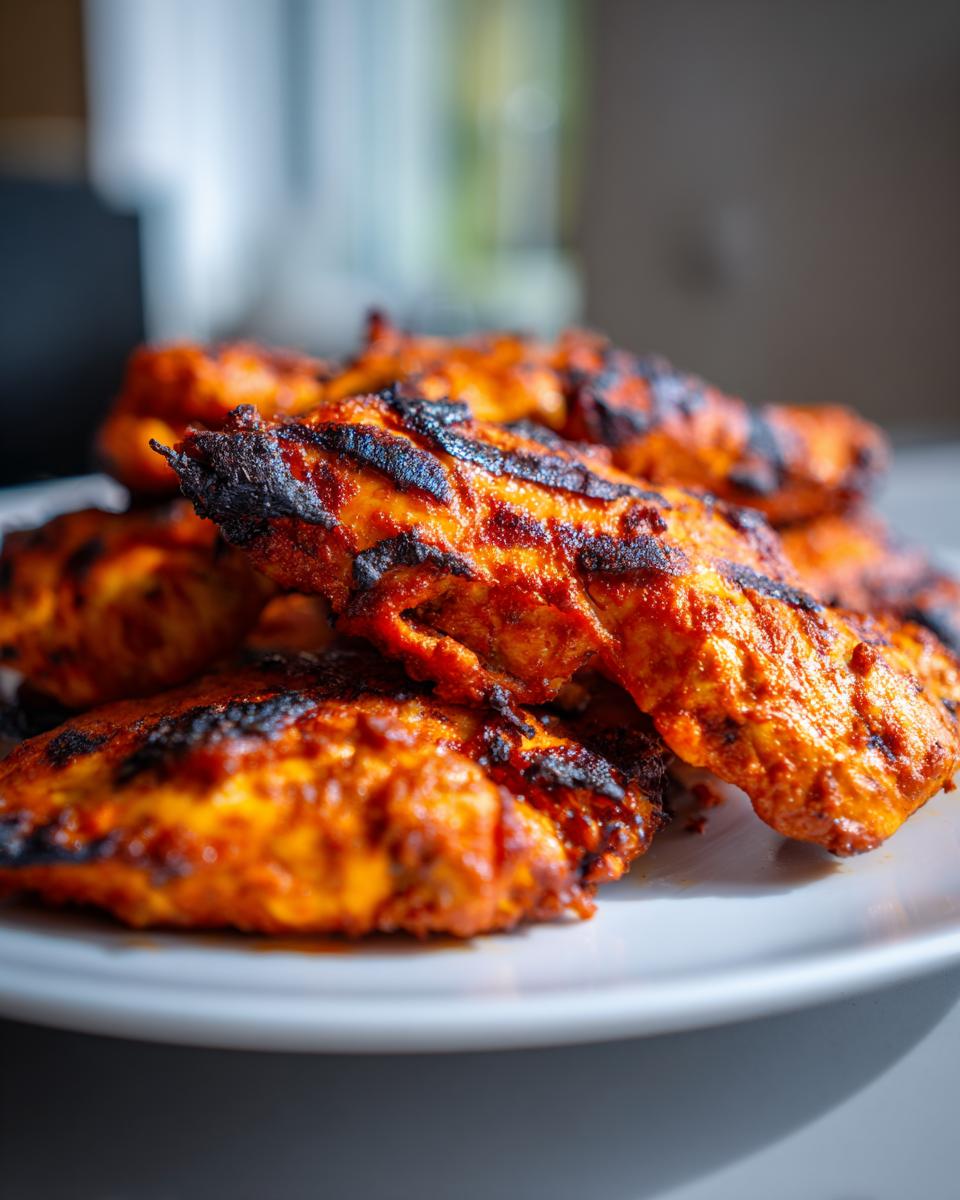 Close-up of grilled Piri Piri chicken fillets with char marks and a vibrant red marinade.