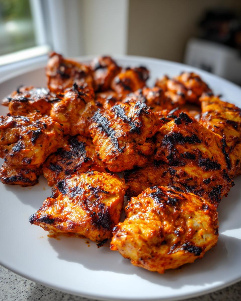 Close-up of perfectly grilled Piri Piri Chicken pieces, showcasing their vibrant red marinade and char marks.