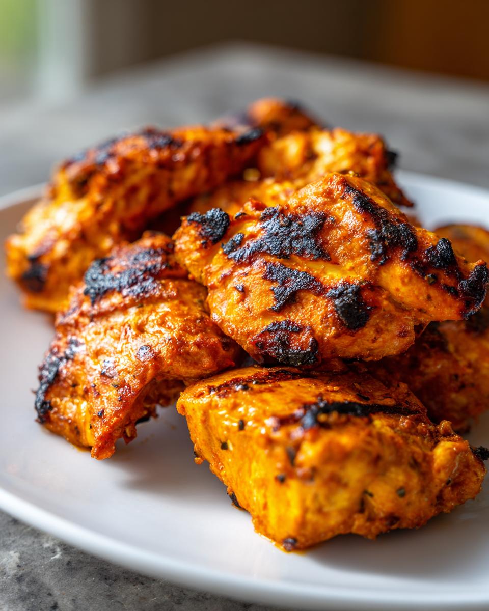 Close-up of grilled Piri Piri chicken pieces with char marks, served on a white plate.