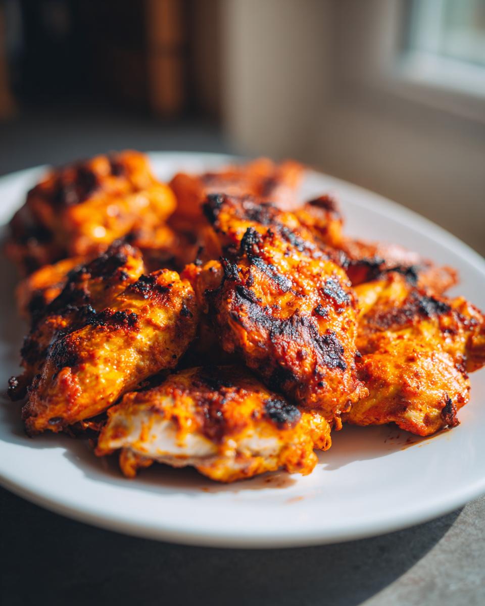 A close-up of a white plate filled with delicious Piri Piri Chicken pieces, showing char marks and vibrant red marinade.