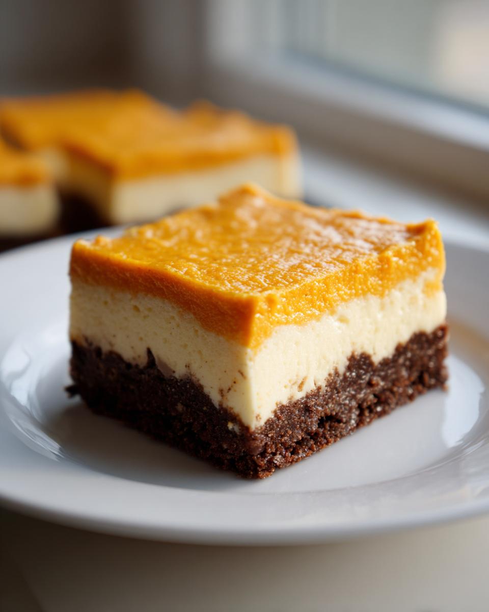 Close-up of a layered Pumpkin Cheesecake Bars square with a dark crust, cream cheese layer, and bright orange pumpkin topping.