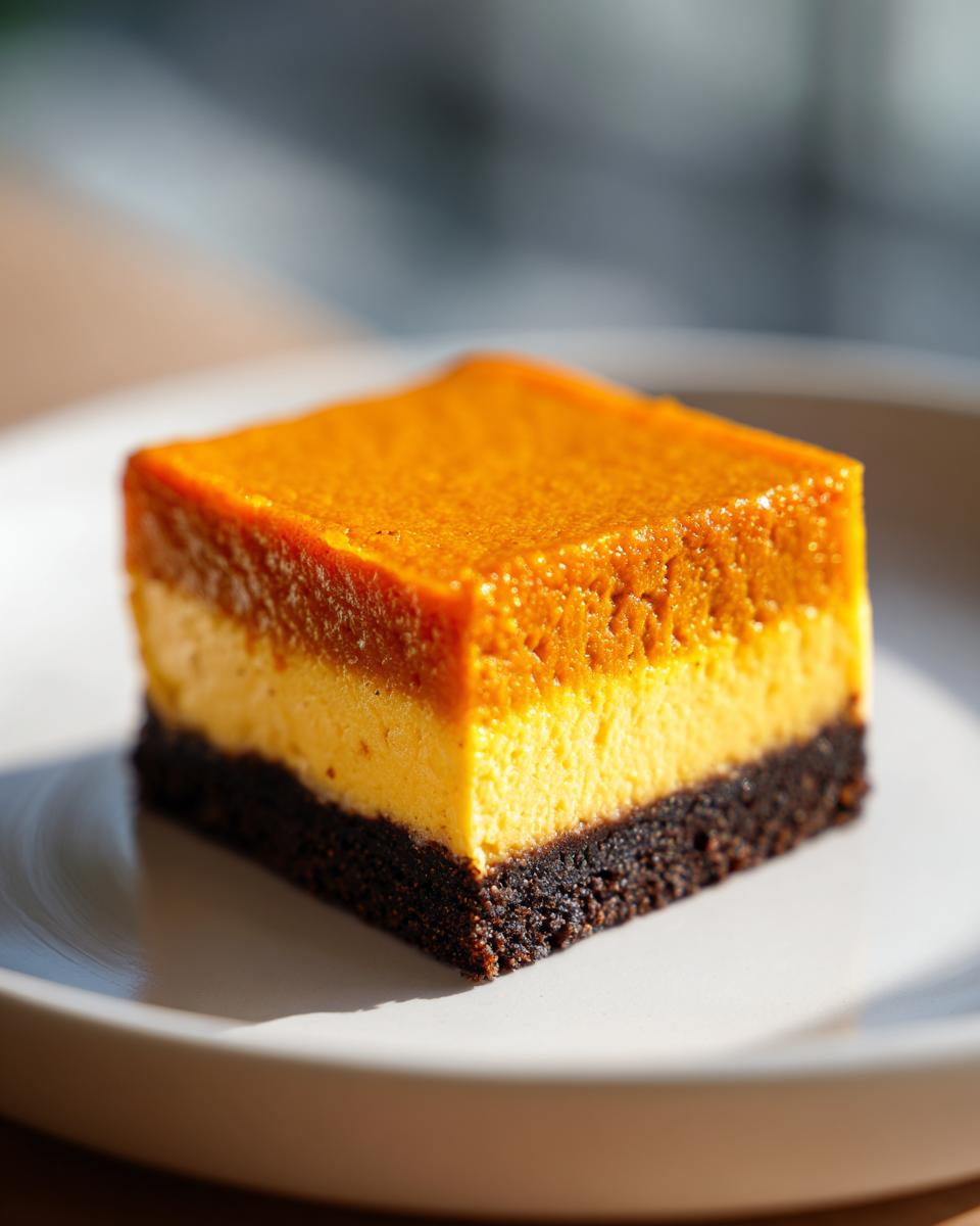 A single, perfectly cut square of Pumpkin Cheesecake Bars with a dark crust and two layers of pumpkin filling.
