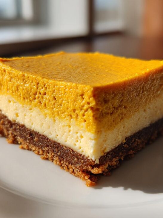A square slice of layered Pumpkin Cheesecake Bars on a white plate, featuring a dark crust and two creamy filling layers.