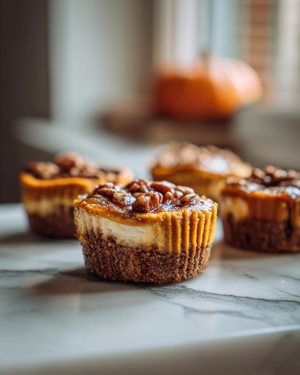 Close-up of delicious Pumpkin Cheesecake Bites with a pecan crust, topped with caramel and pecans.
