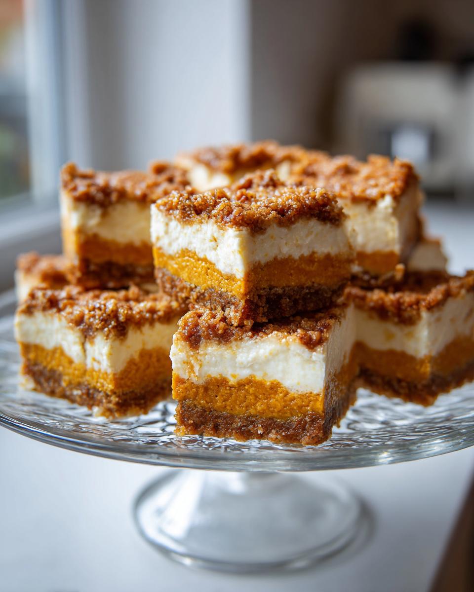A stack of no-bake Pumpkin Cheesecake Bites with pecan crust on a glass cake stand.