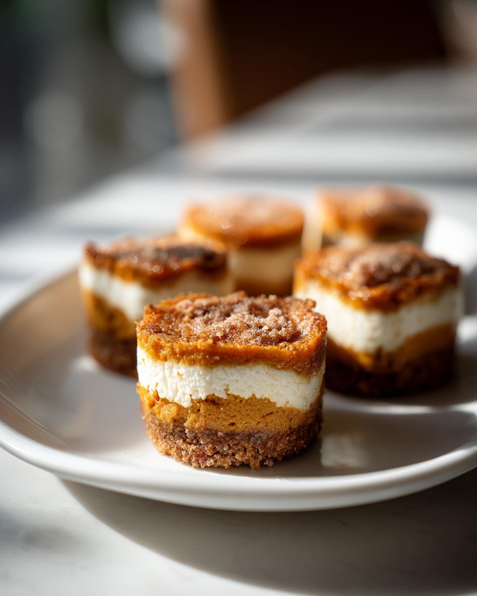 Close-up of delicious Pumpkin Cheesecake Bites with a pecan crust, featuring layers of pumpkin and cream cheese.