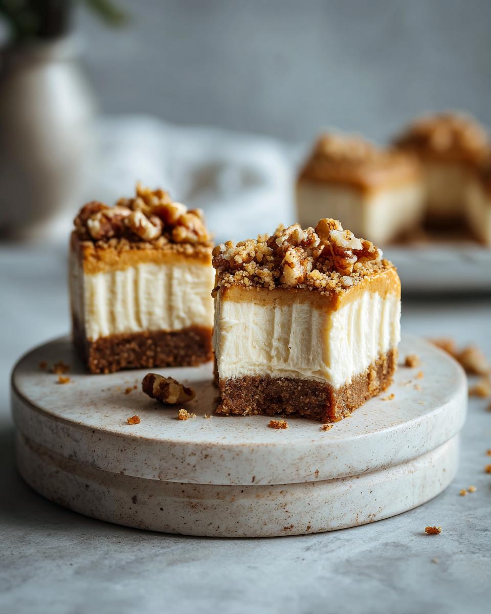Close-up of two Pumpkin Cheesecake Bites with a pecan crust, topped with chopped nuts.