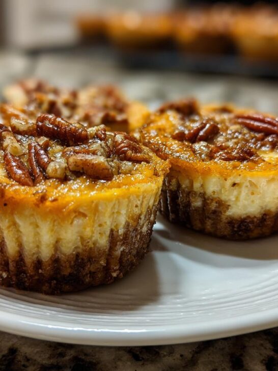 Close-up of delicious Pumpkin Cheesecake Bites with a pecan crust, topped with whole pecans.