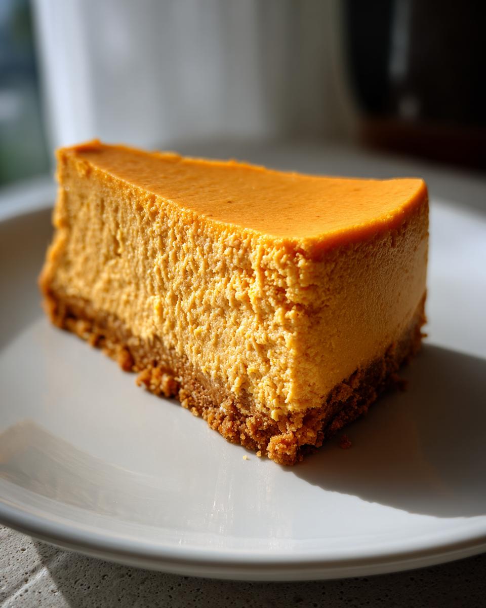 A close-up, side view of a thick slice of rich orange Pumpkin Cheesecake with a graham cracker crust.