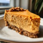A close-up, appetizing slice of rich Pumpkin Cheesecake with a thick graham cracker crust.