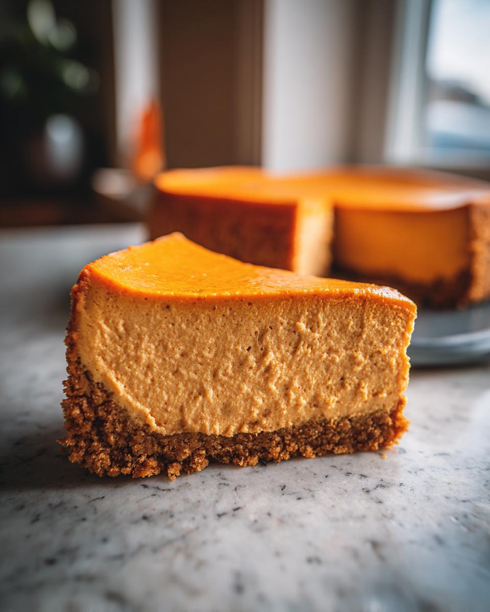 A close-up slice of rich, orange Pumpkin Cheesecake with a thick graham cracker crust, with the rest of the cake blurred in the background.