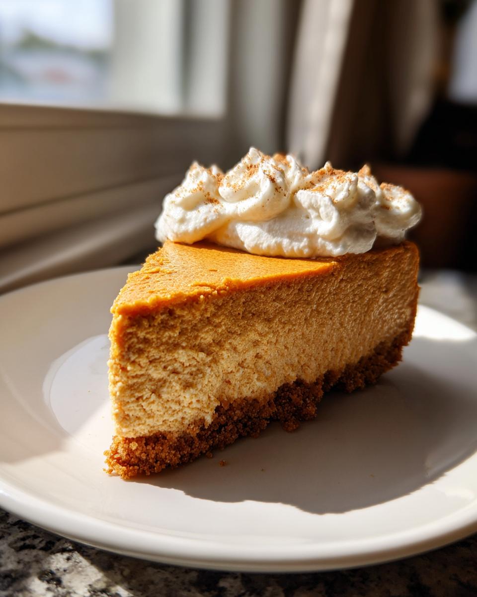 A rich slice of Pumpkin Cheesecake topped with piped whipped cream and a dusting of cinnamon.