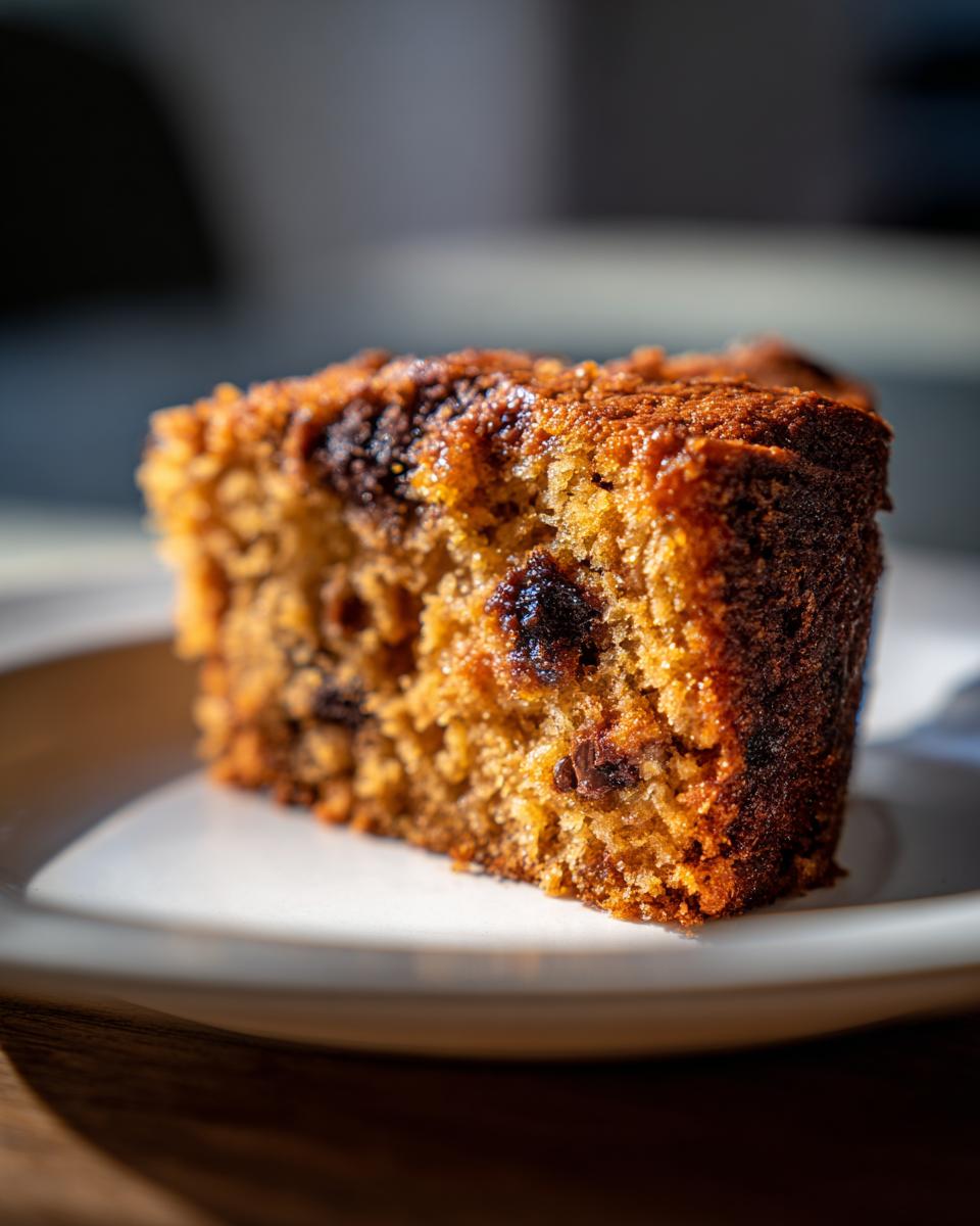 Close-up of a moist slice of Pumpkin Chocolate Chip Cake showing rich texture and melted chocolate chips.