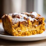 A close-up of a thick slice of moist Pumpkin French Toast Casserole dusted heavily with powdered sugar.