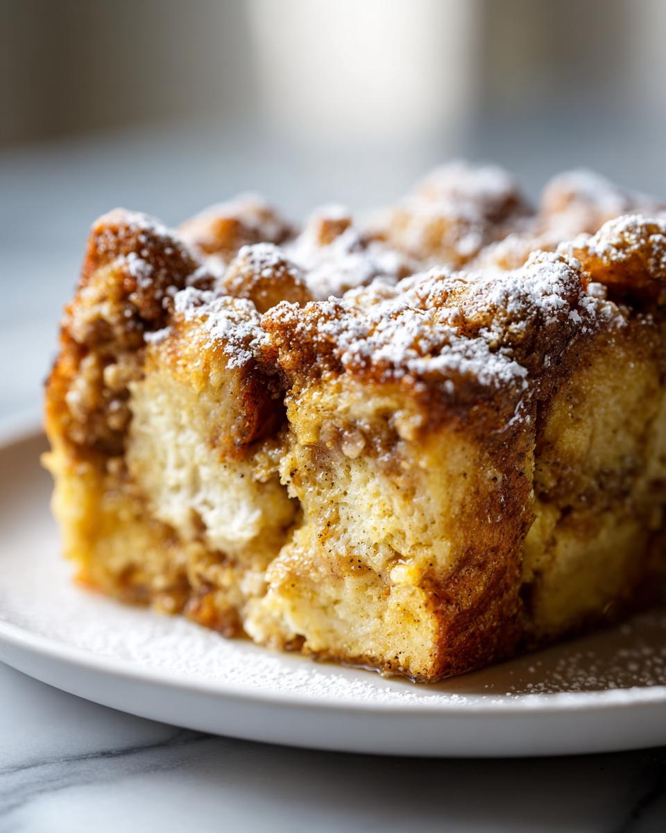 Close-up of a square slice of Pumpkin French Toast Casserole topped with brown sugar crumble and powdered sugar.
