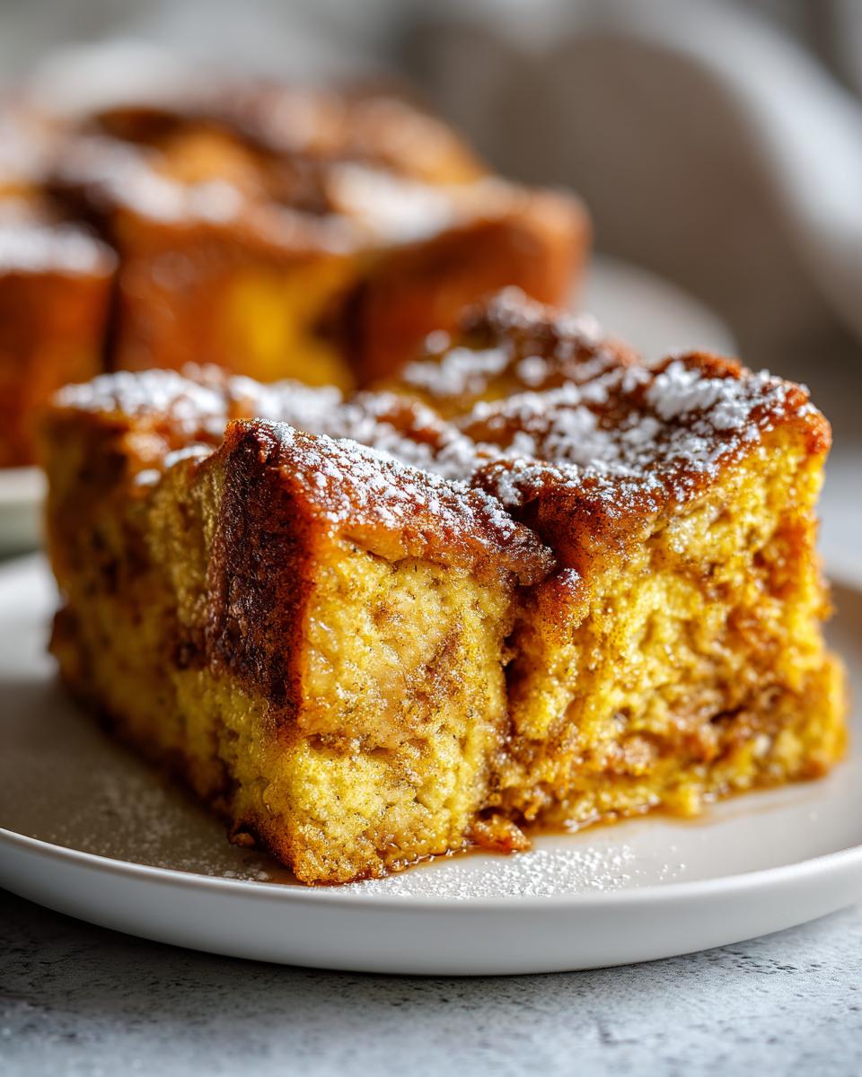 Close-up of a moist slice of Pumpkin French Toast Casserole dusted with powdered sugar on a white plate.