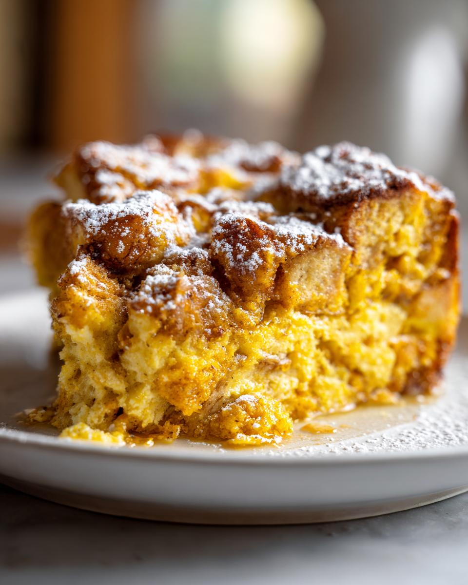 A moist, golden slice of Pumpkin French Toast Casserole dusted with powdered sugar on a white plate.