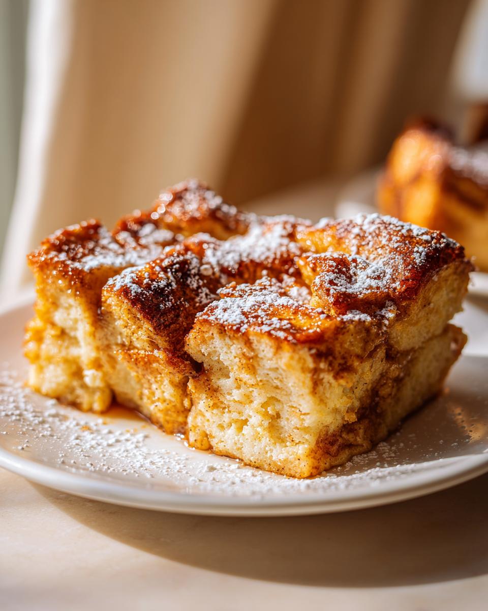 Close-up of two squares of baked Pumpkin French Toast Casserole dusted heavily with powdered sugar on a white plate.