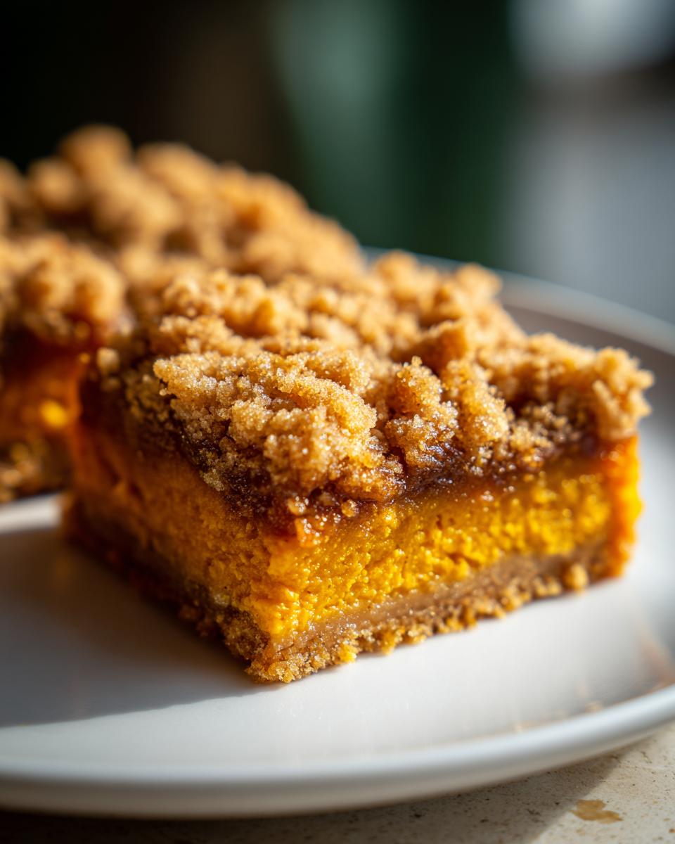 A close-up, macro shot of a rich, orange-colored Pumpkin Streusel Bars square with a thick, crumbly topping on a white plate.