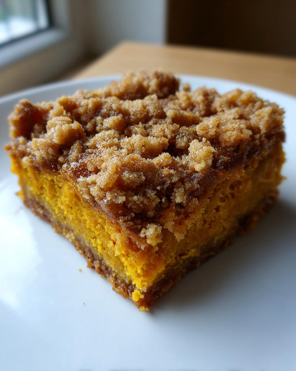 A single square serving of rich, orange Pumpkin Streusel Bars topped with a thick, crumbly brown sugar streusel.