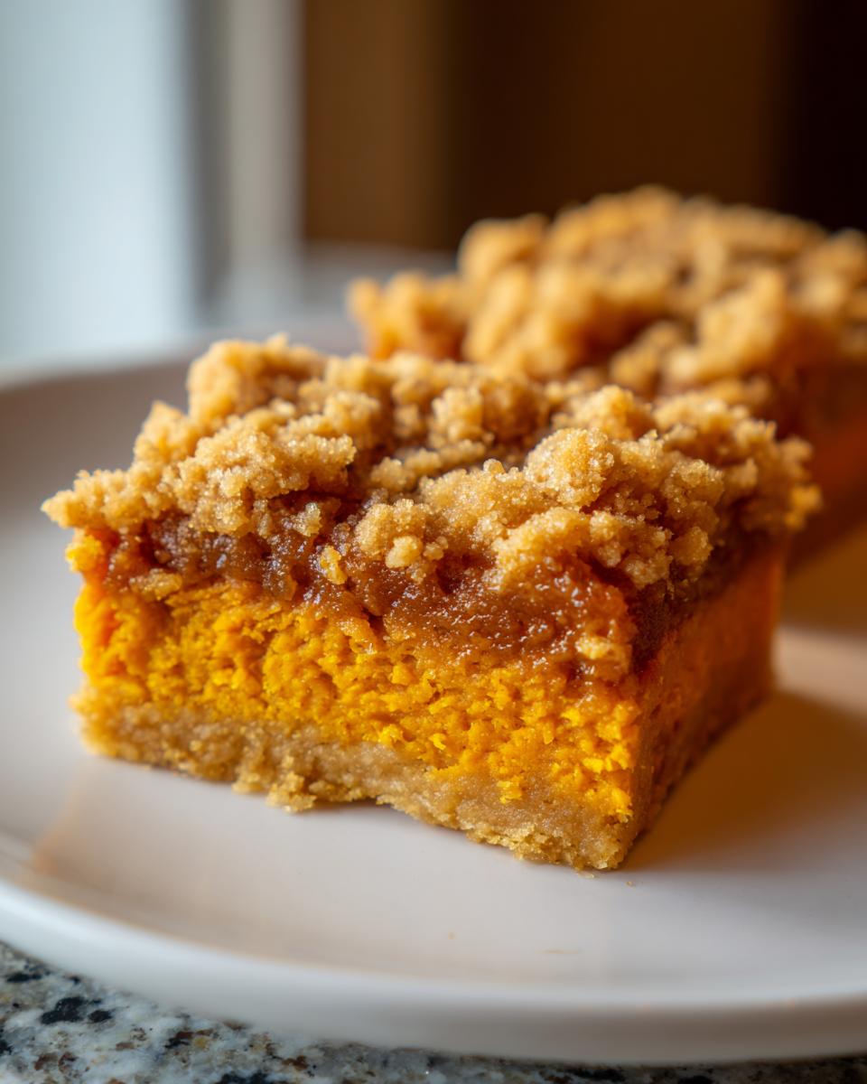 A close-up of a square Pumpkin Streusel Bars slice showing the thick orange pumpkin layer and crumbly brown sugar streusel topping.