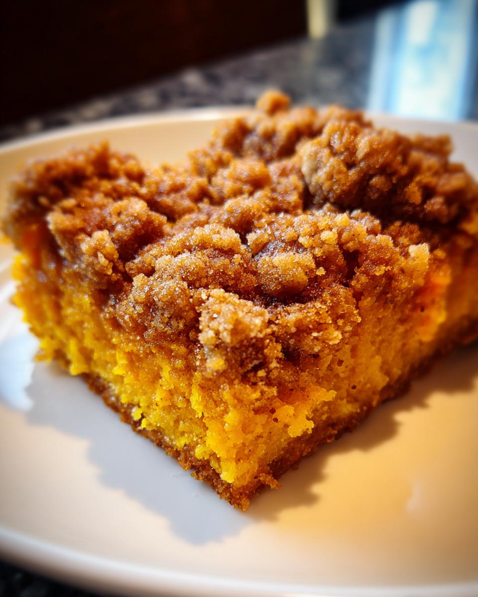 A close-up shot of a single serving of moist, orange Pumpkin Streusel Bars topped with a thick, sugary crumb topping.