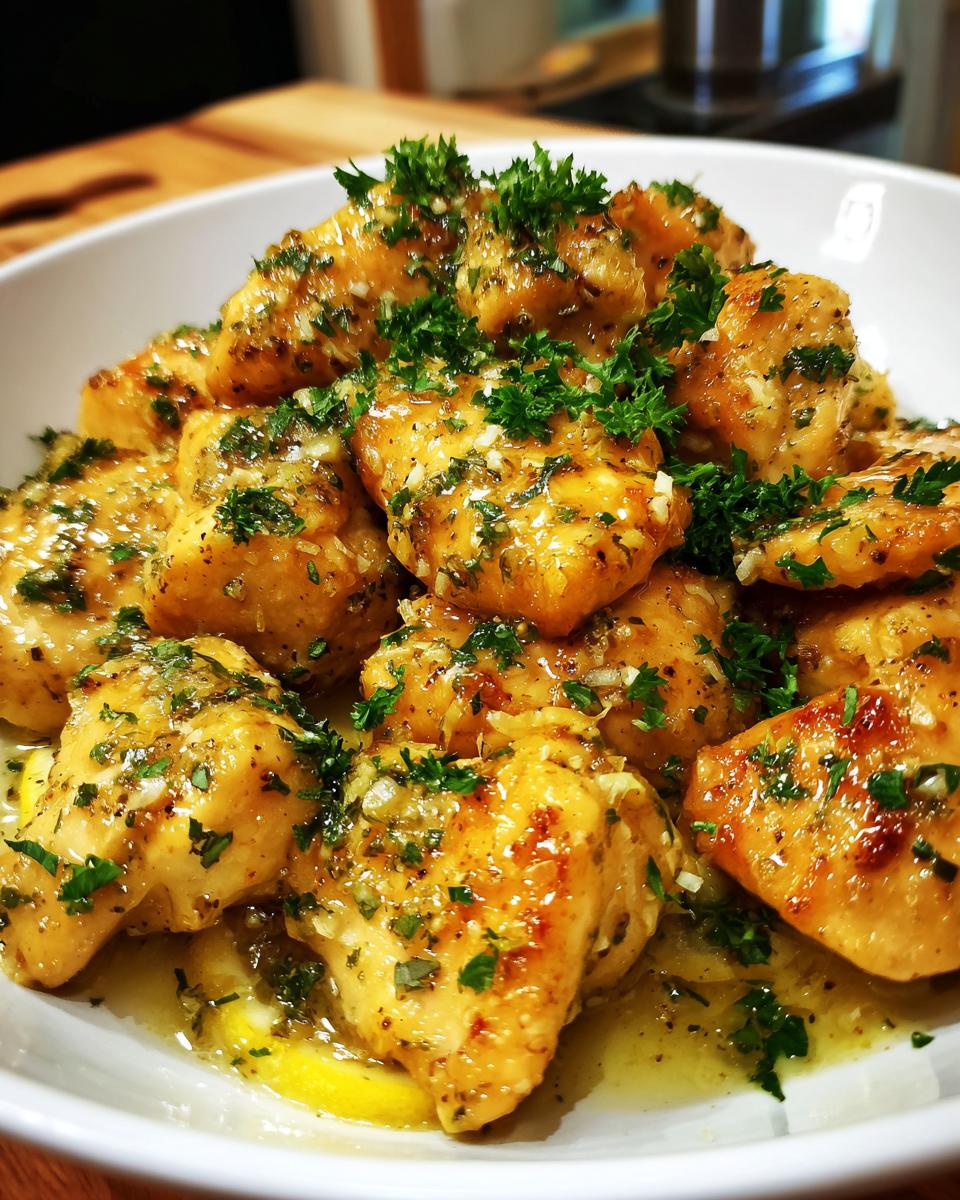 Close-up of tender pieces of Lemon Chicken with Lemon Butter Sauce, garnished with fresh parsley and lemon slices.