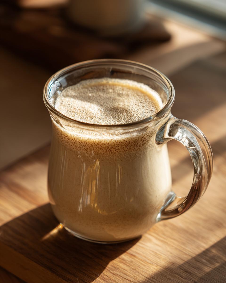A close-up of a glass mug filled with frothy, creamy quinoa milk, bathed in warm sunlight.