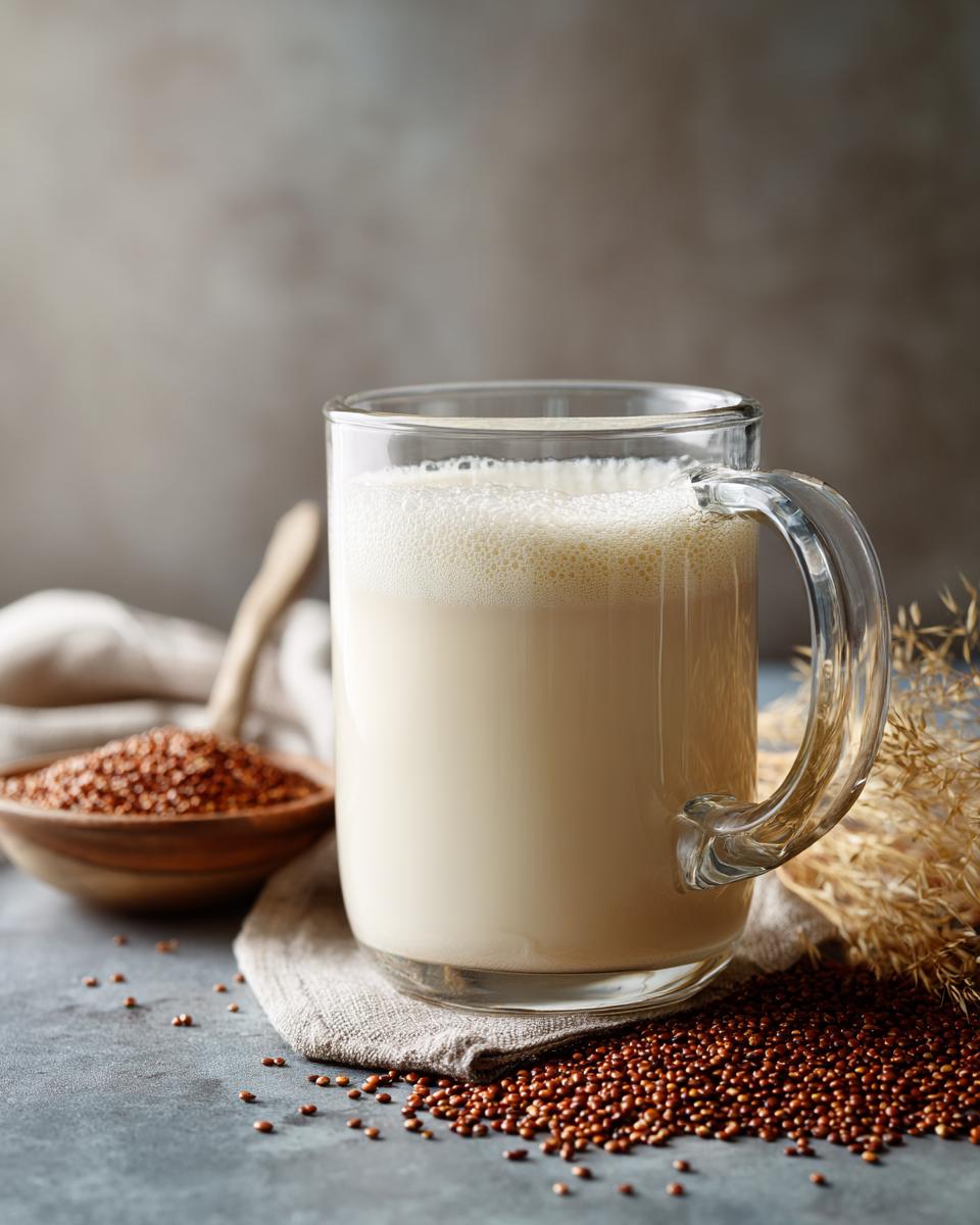 A glass mug filled with frothy quinoa milk, next to a wooden bowl of quinoa seeds.