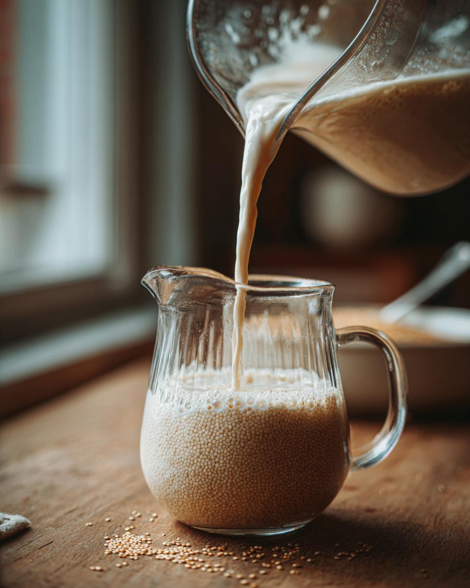 Close-up of creamy quinoa milk being poured from a glass pitcher into another smaller glass pitcher filled with quinoa seeds.