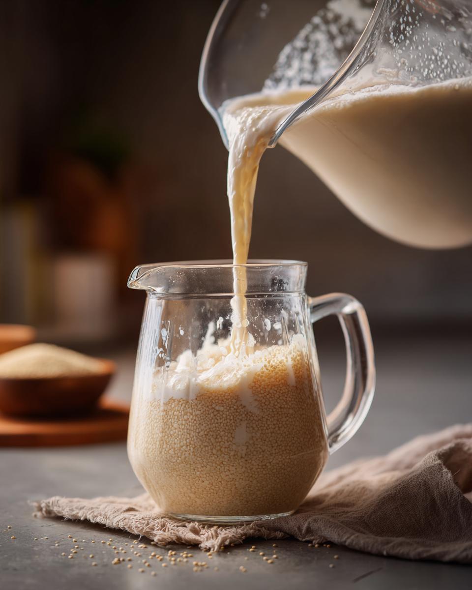 Close-up of creamy quinoa milk being poured from a glass pitcher into another glass pitcher filled with quinoa seeds.