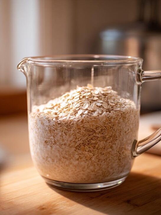 Rolled oats in a glass jar, ready to be blended into dairy-free Quinoa Milk.