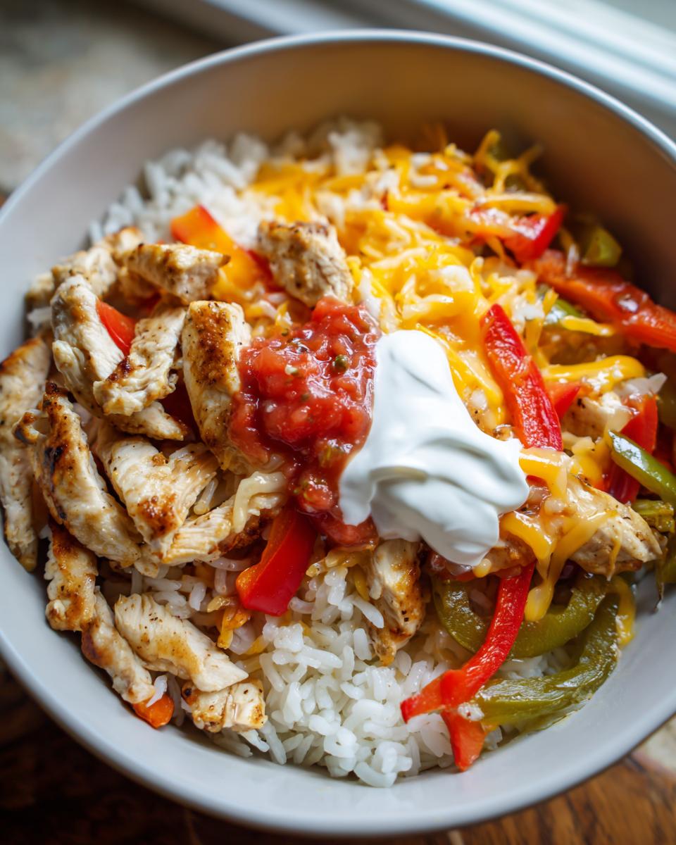 A close-up of a Ranch Chicken Fajita Bowl filled with rice, grilled chicken, bell peppers, cheese, salsa, and sour cream.