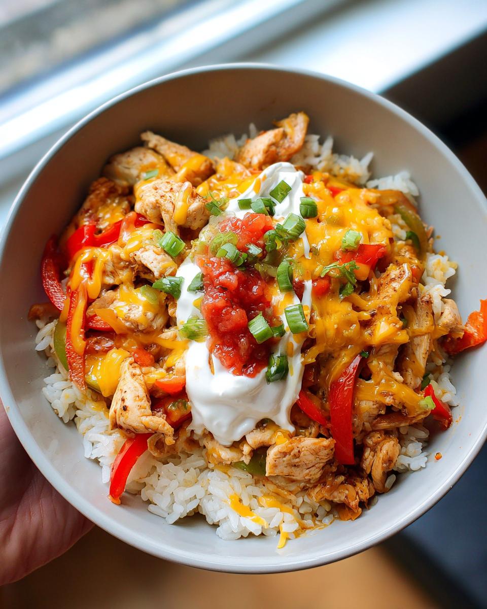 A close-up of a bowl filled with white rice, seasoned chicken, colorful bell peppers, melted cheese, sour cream, salsa, and green onions.