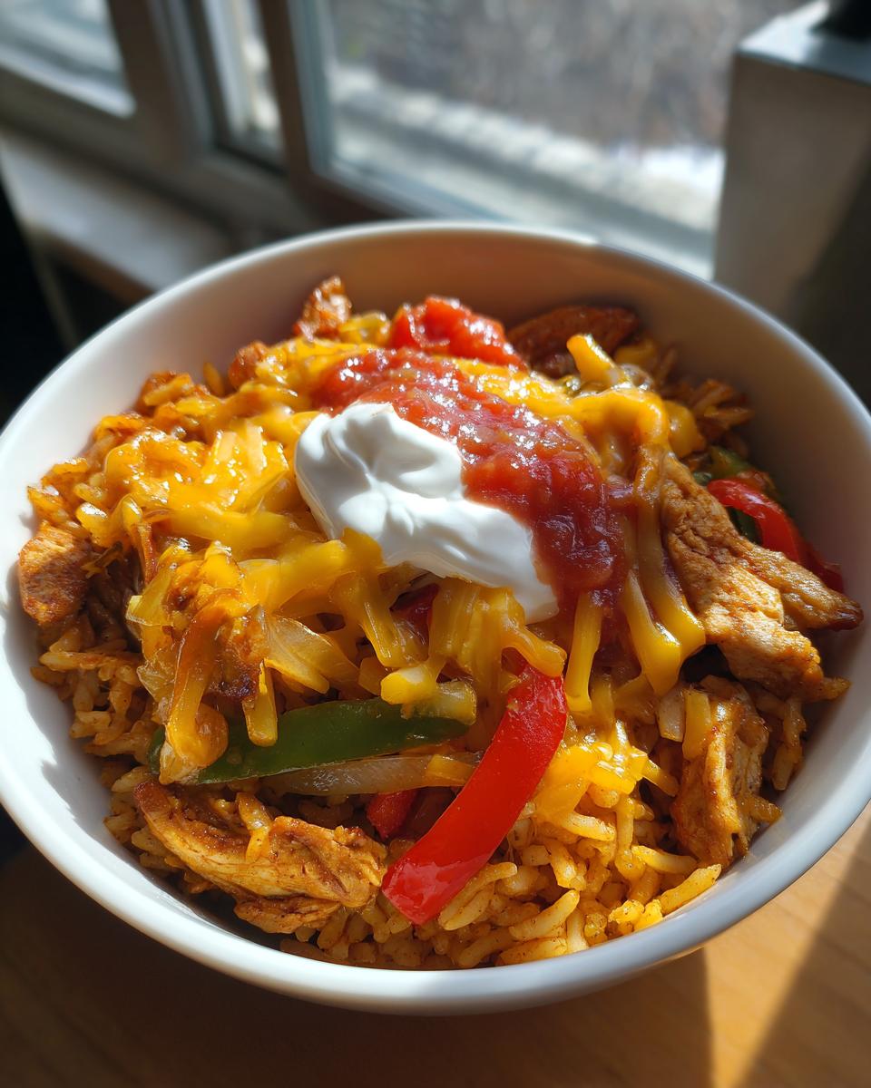 A close-up of Ranch Chicken Fajita Bowls filled with rice, chicken, peppers, onions, melted cheese, salsa, and sour cream.