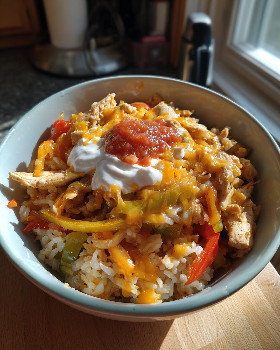 A close-up of a bowl filled with Ranch Chicken Fajita Bowls, topped with shredded cheese, sour cream, and salsa.