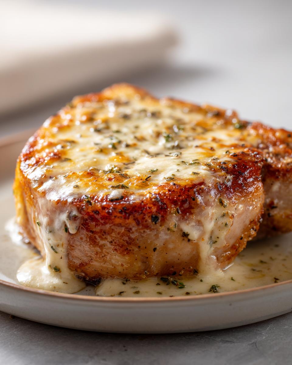 Close-up of a juicy Ranch Pork Chop topped with melted cheese and herbs, served on a plate.