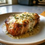 A close-up of a juicy Ranch Pork Chop recipe topped with melted cheese and herbs, served with a creamy sauce.