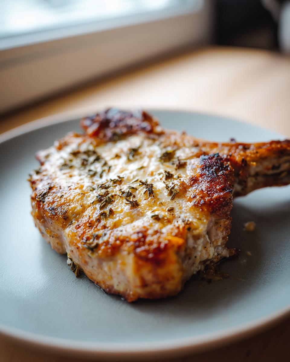 Close-up of a juicy, golden-brown Ranch Pork Chop recipe, seasoned with herbs, on a gray plate.