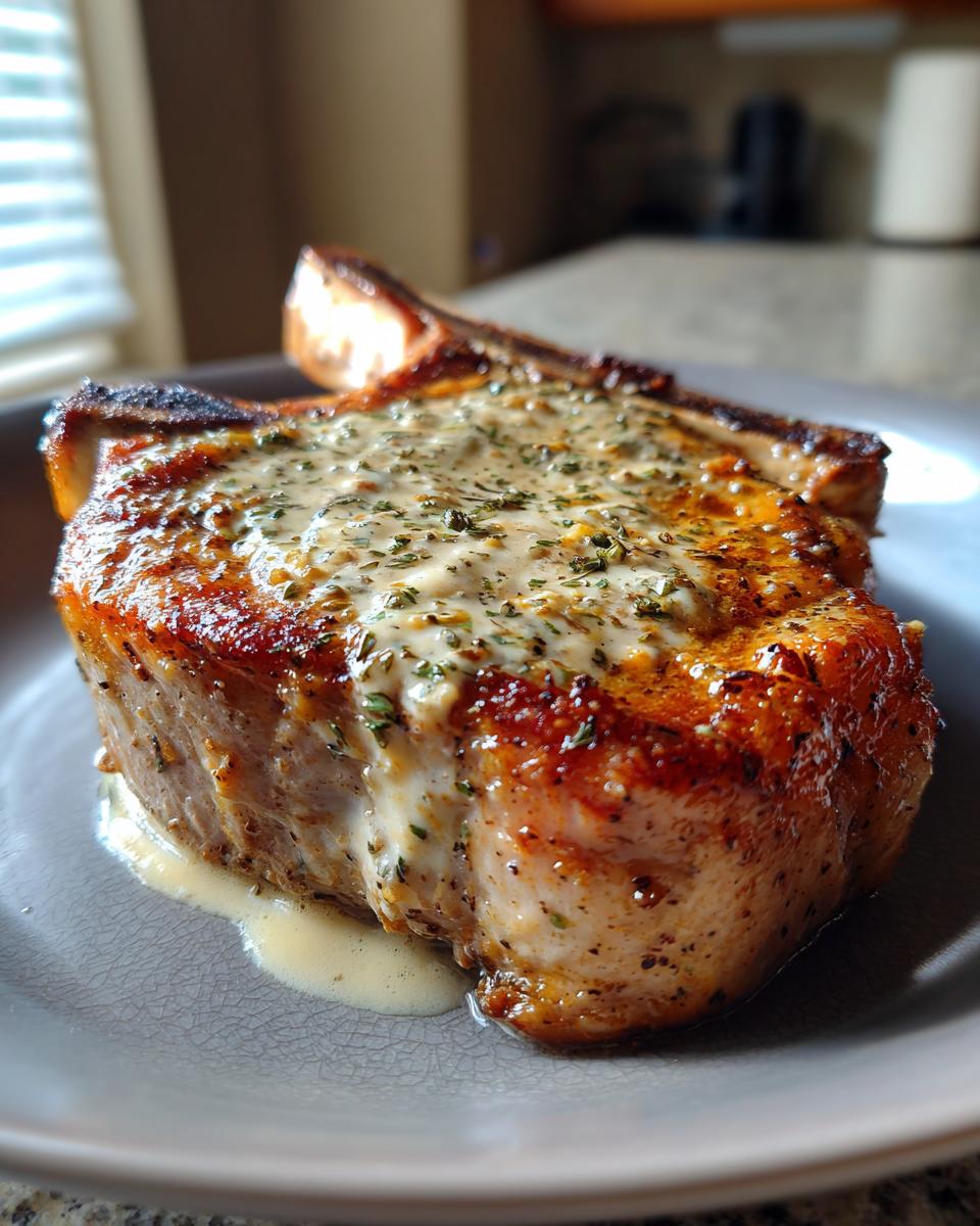 A perfectly cooked Ranch Pork Chop recipe, coated in a creamy, herb-flecked sauce, served on a gray plate.