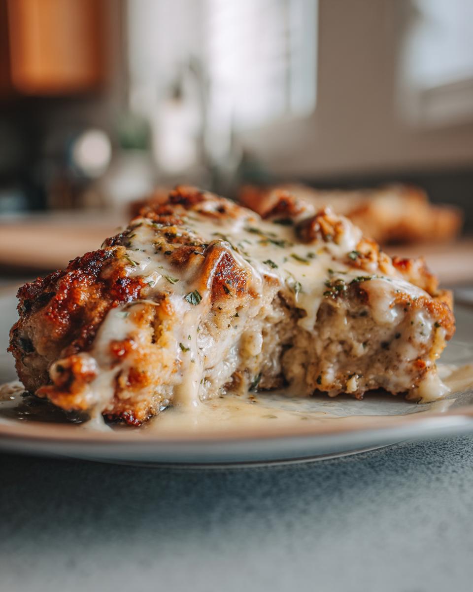 Close-up of a slice of a Ranch Pork Chops Recipe, topped with melted cheese and herbs.