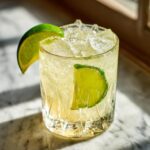 A close-up of a Ranch Water Cocktail in a glass filled with ice and lime wedges.