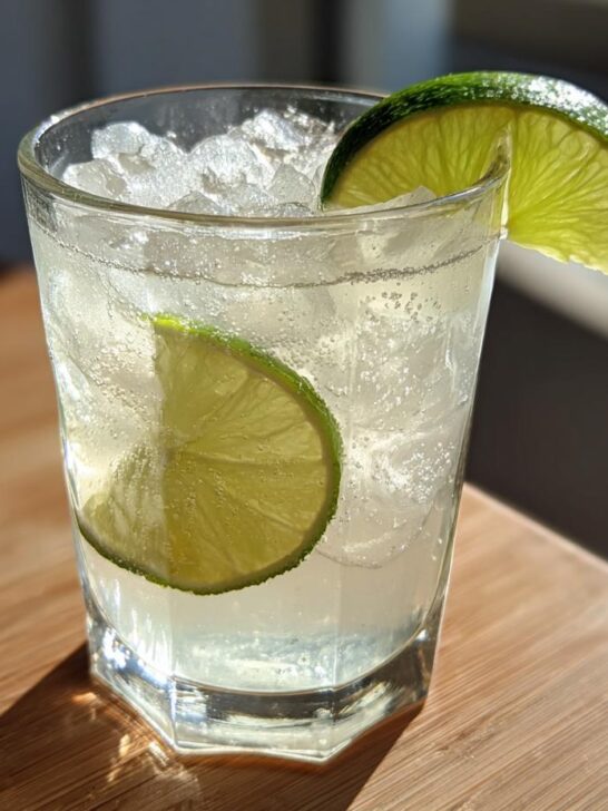 A tall glass filled with ice and a clear Ranch Water Cocktail, garnished with two lime wedges.