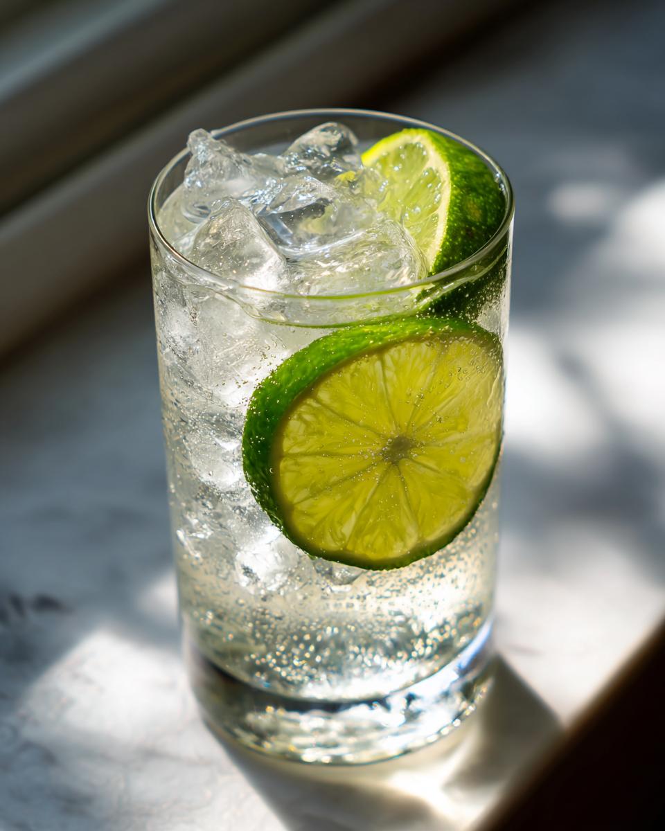 A tall glass filled with ice and a clear Ranch Water Cocktail, garnished with two lime slices.
