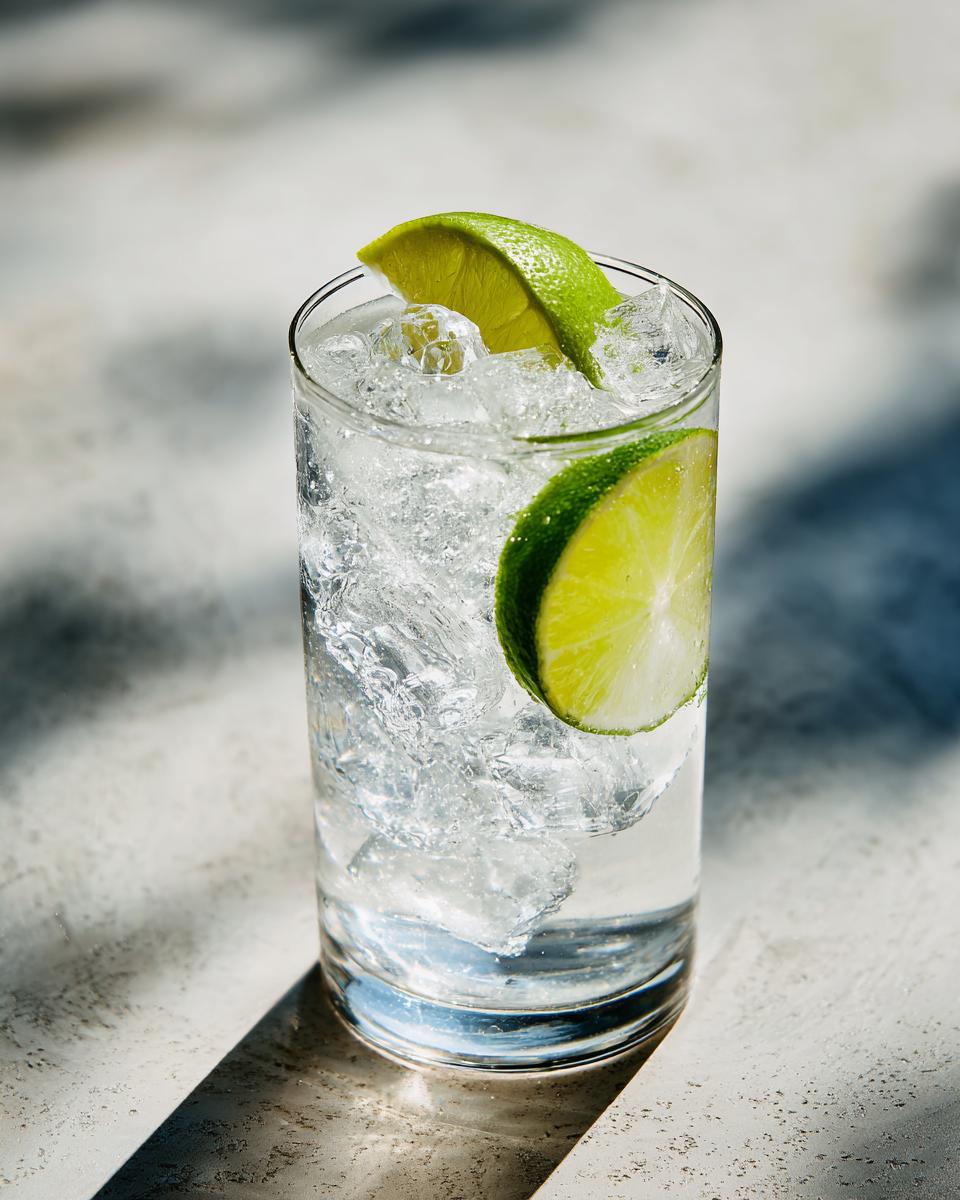 A tall glass filled with ice and a clear Ranch Water Cocktail, garnished with two lime wedges.